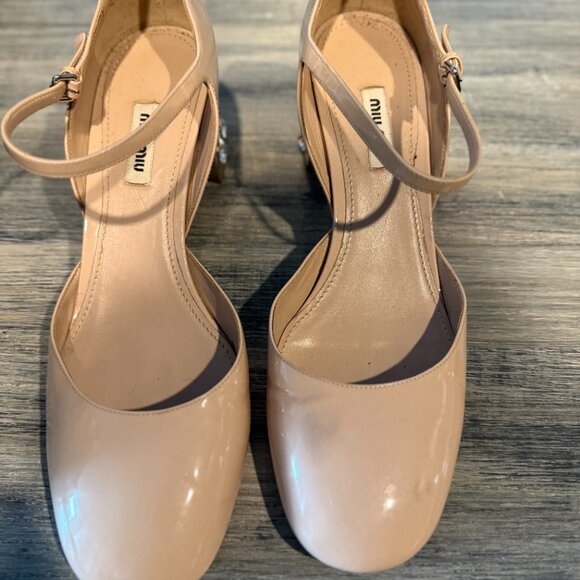 Miu Miu Beige Nude Patent Leather Embellished Crystal Heels Size EU 41/US 10 - Picture 2 of 5